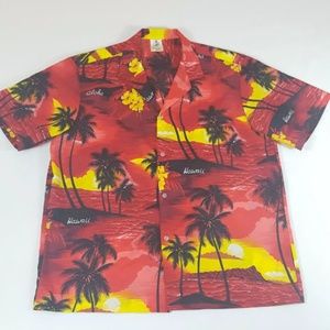 Mens Hawaiian Shirt Sz XL Red Black Button Front